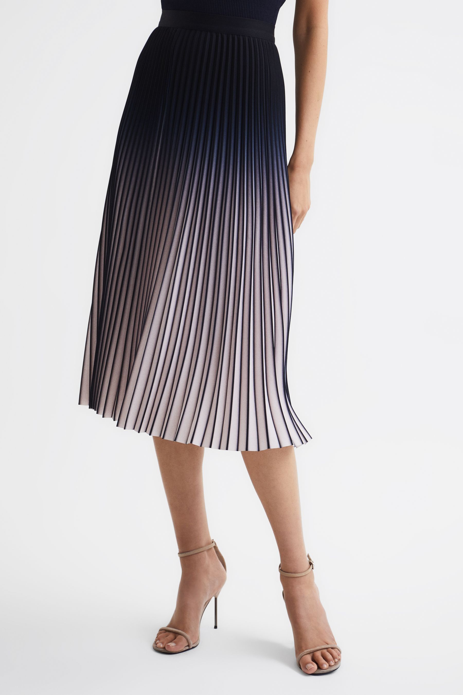 Reiss Cream Black Mira Ombre Pleated Midi Skirt