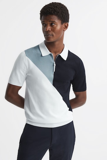 Buy Reiss Navy/White Marks Golf Colourblock Half Zip Polo T-Shirt from ...