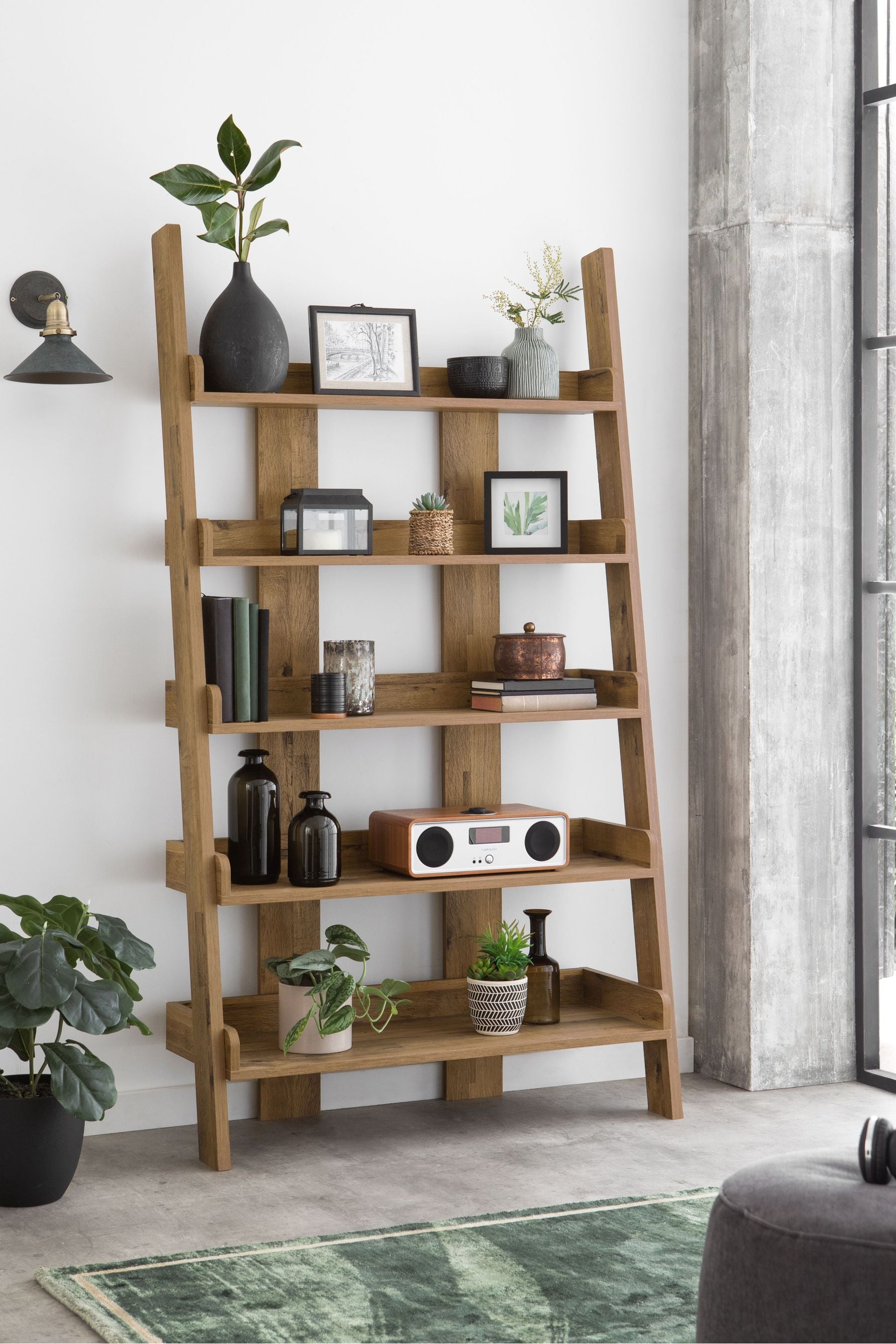 Buy Dark Bronx Oak Effect Wide Ladder Shelf from the Next UK