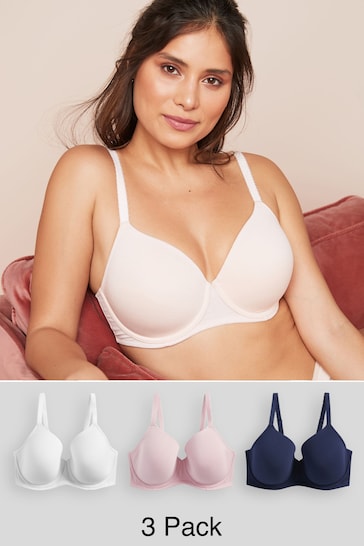 Navy Blue/Pink/White Pad Full Cup DD+ Cotton Blend Bras 3 Pack
