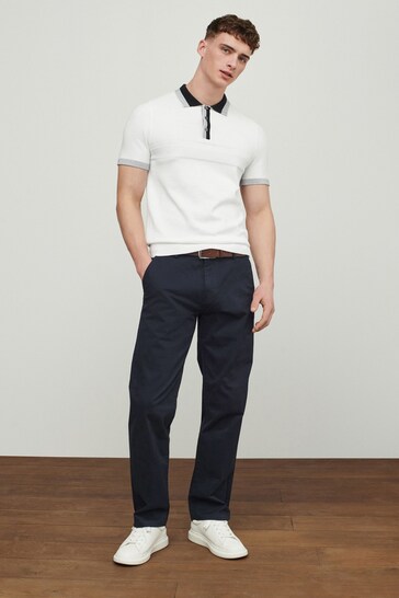 Navy Blue Straight Belted Soft Touch Chino Trousers