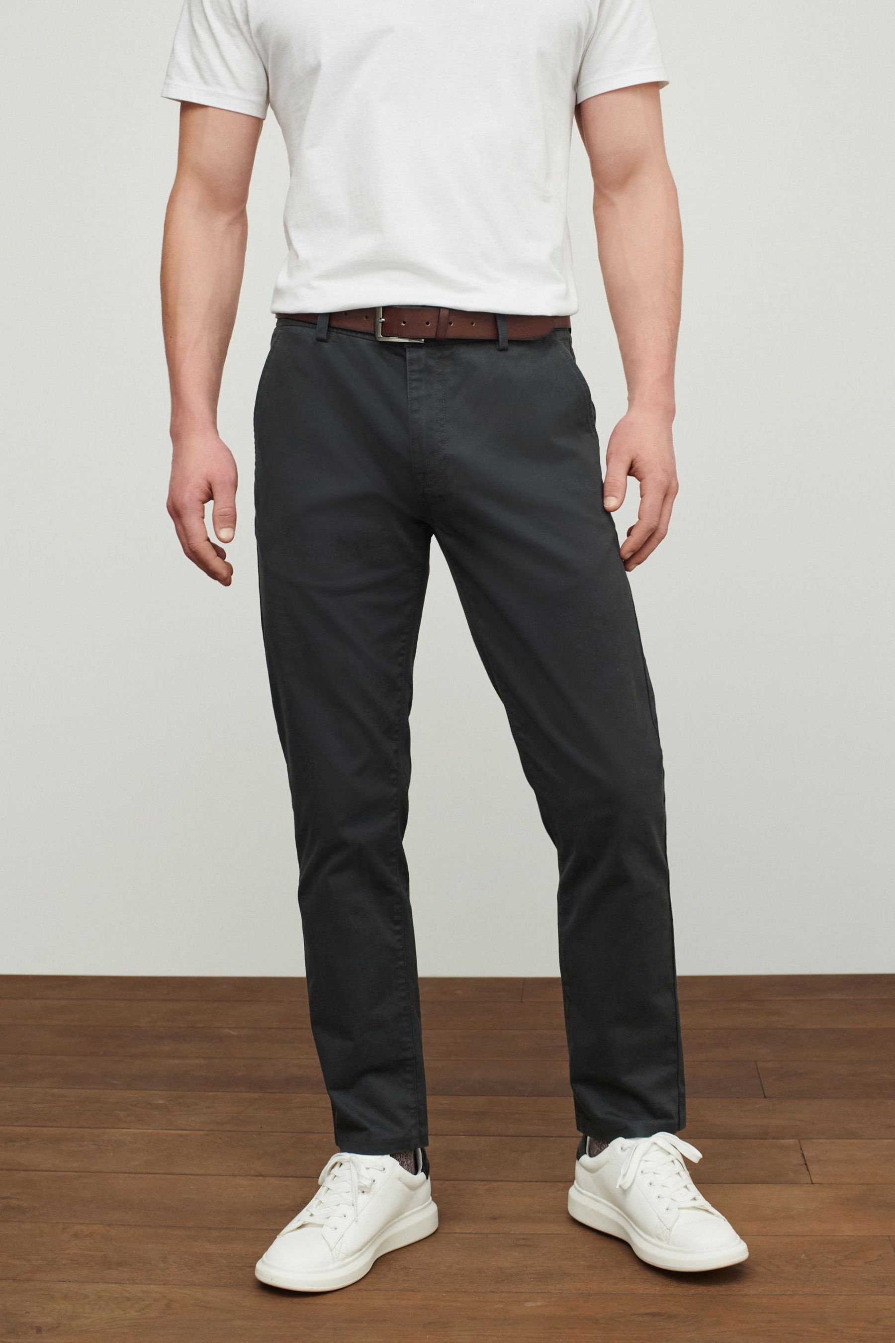 Charcoal Grey Slim Belted Soft Touch Chino Trousers