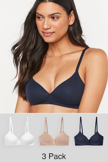 White/Navy Blue/Pink Pad Non Wire Cotton Blend Bras 3 Pack