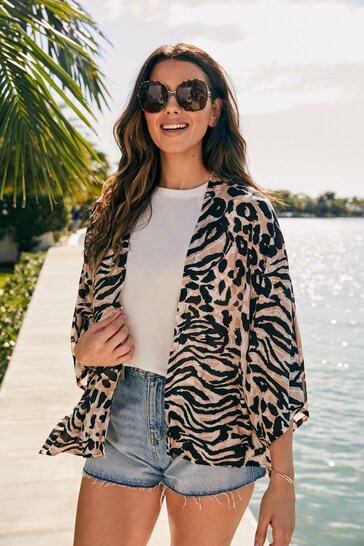 Animal Print Short Kimono Cover-Up