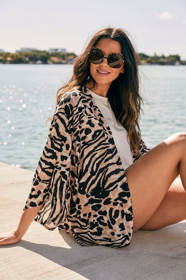 Animal Print Short Kimono Cover-Up