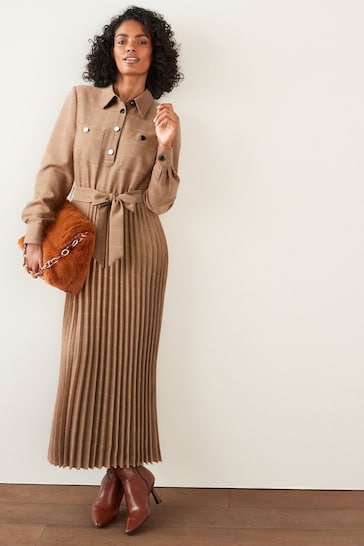 Buy Pleated Long Sleeve Belted Midi Shirt Dress from the Next UK online shop