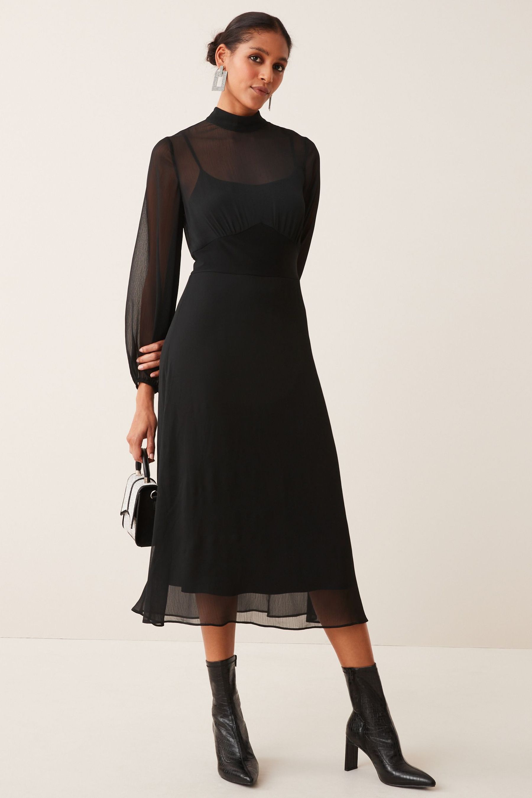 Buy Long Sleeve High Neck Sheer Layer Midi Dress from Next Belgium