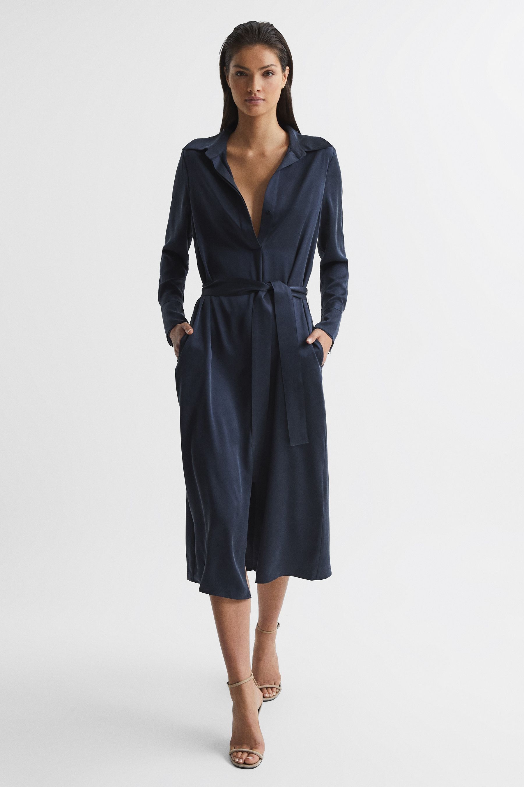 Reiss Navy Nico Silk Shirt Dress