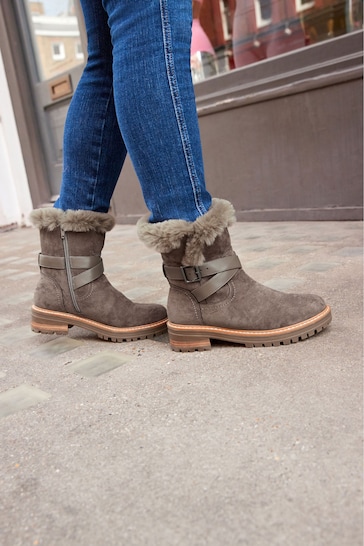 Grey Regular/Wide Fit Forever Comfort® Faux Fur Lined Buckle Detail Boots
