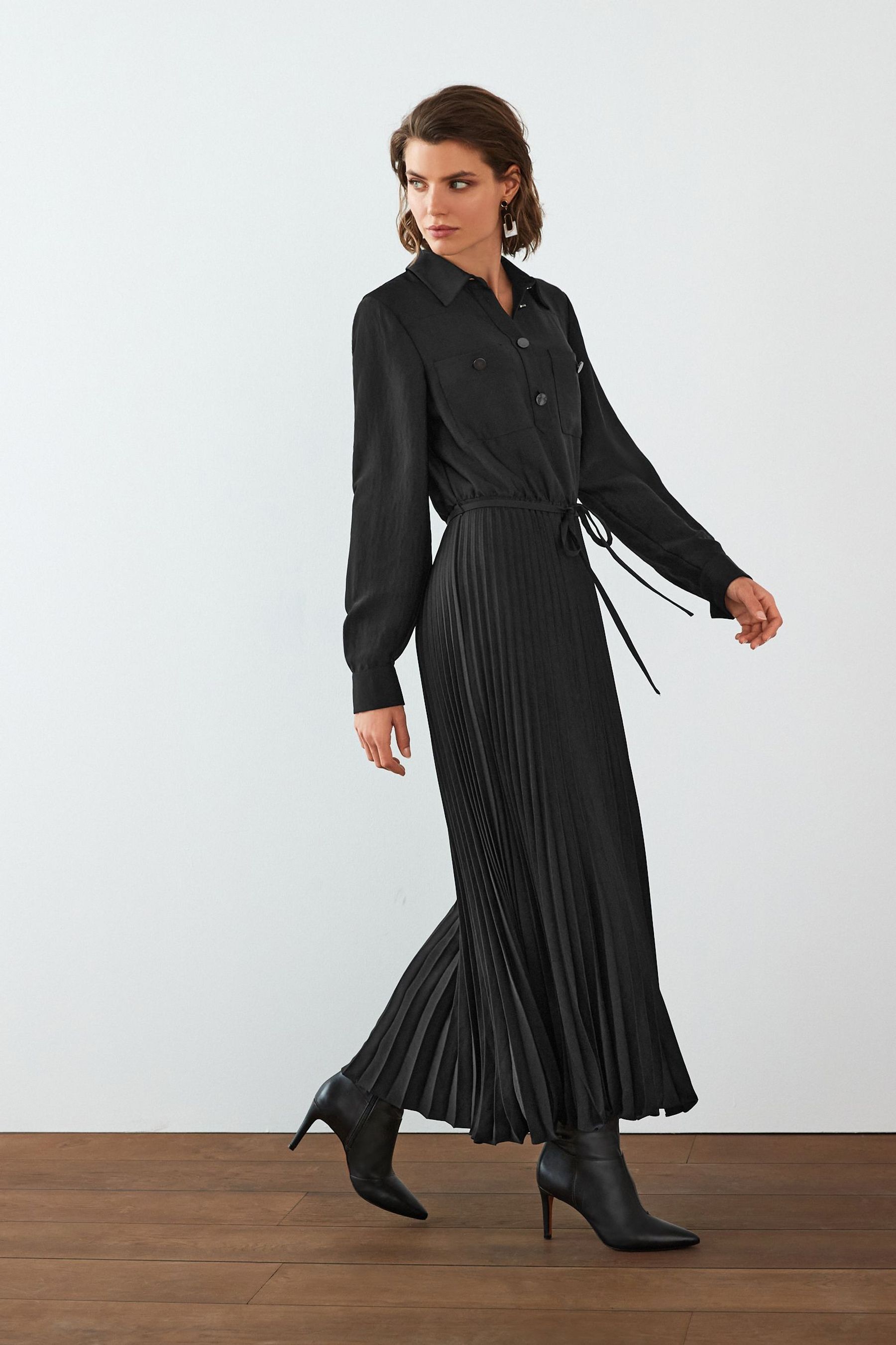 Buy Black Pleated Midi Shirt Dress from the Next UK online shop