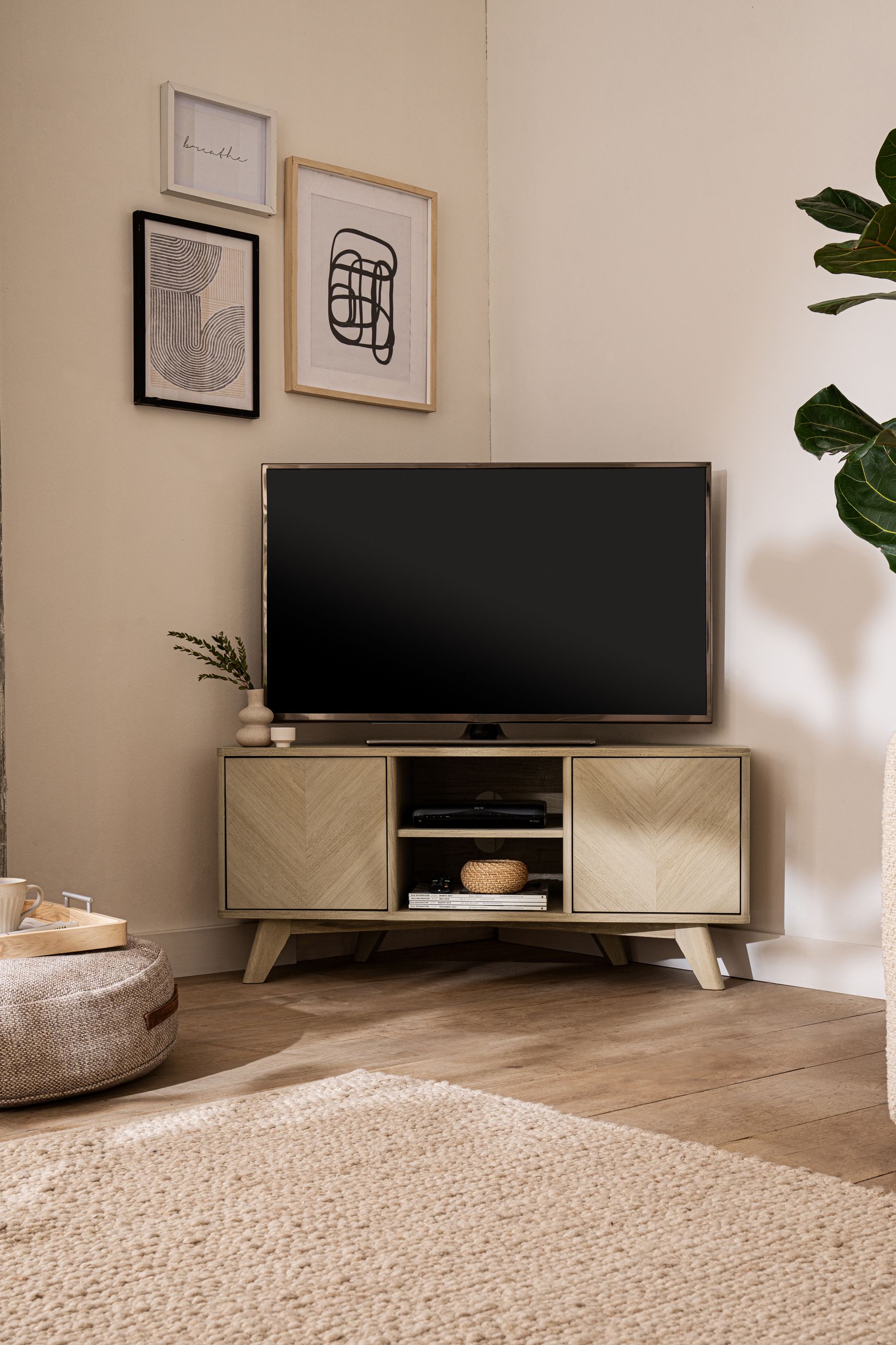 Oak effect shop corner tv unit