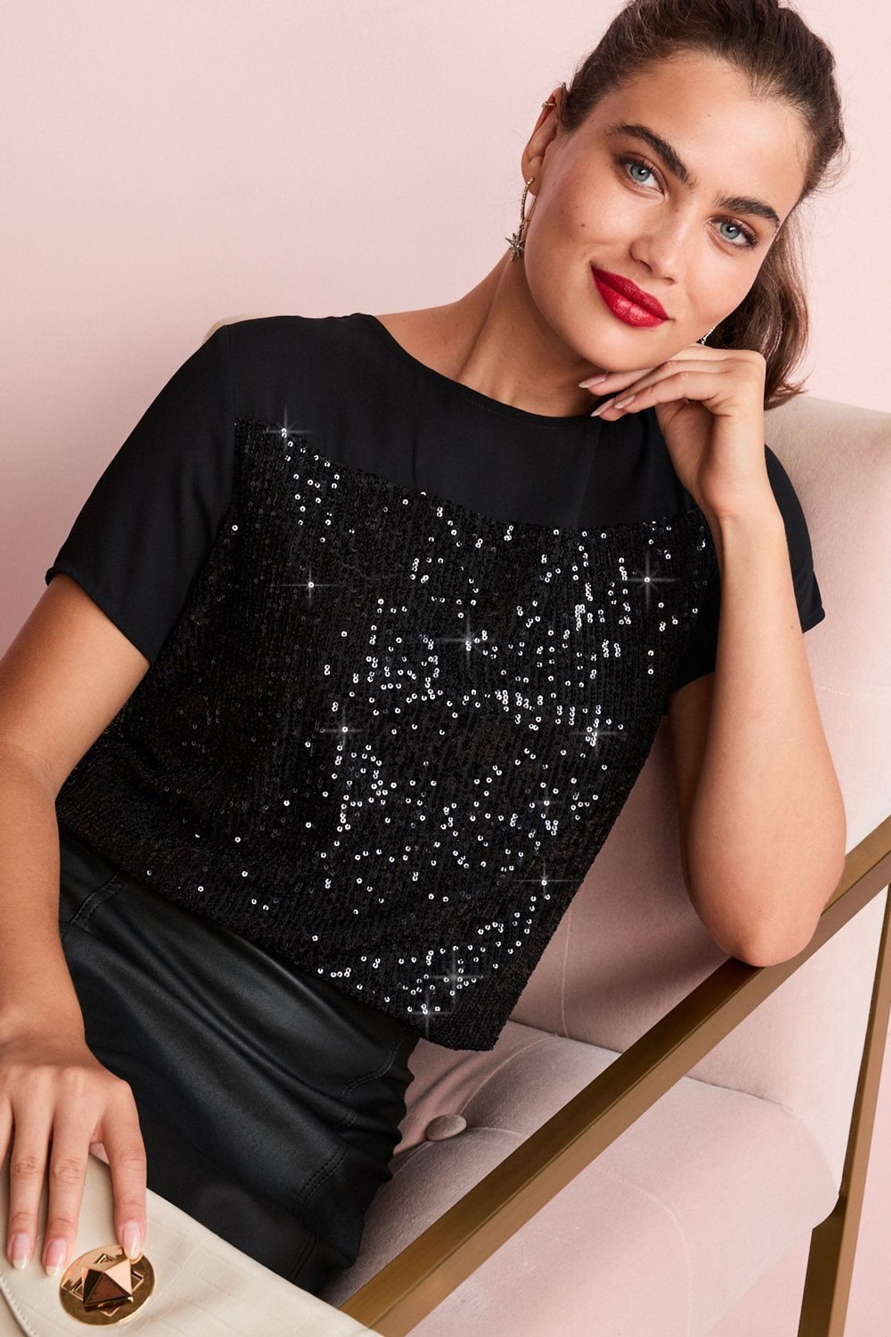 Buy Next Short Sleeve Chiffon Sequin Party T-Shirt from Next Ireland