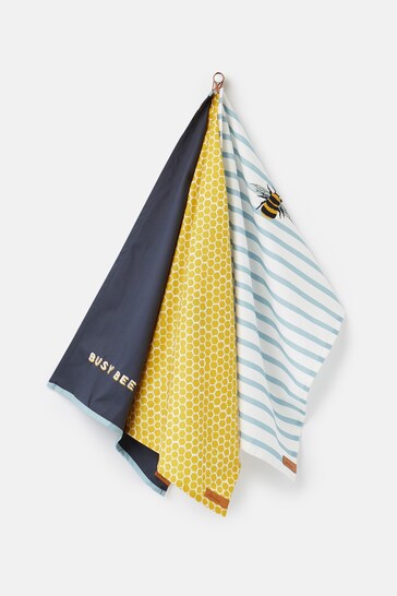 Joules 3 Pack Blue Floral And Striped Tea Towel Set