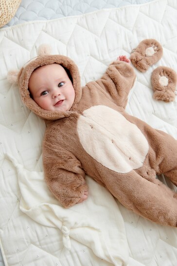 Brown Fleece Hooded Pramsuit with Detachable Mitts (0mths-2yrs)