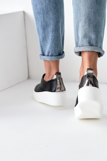 Black/White Slip On Signature Forever Comfort® Leather Chunky Wedges Platform Trainers