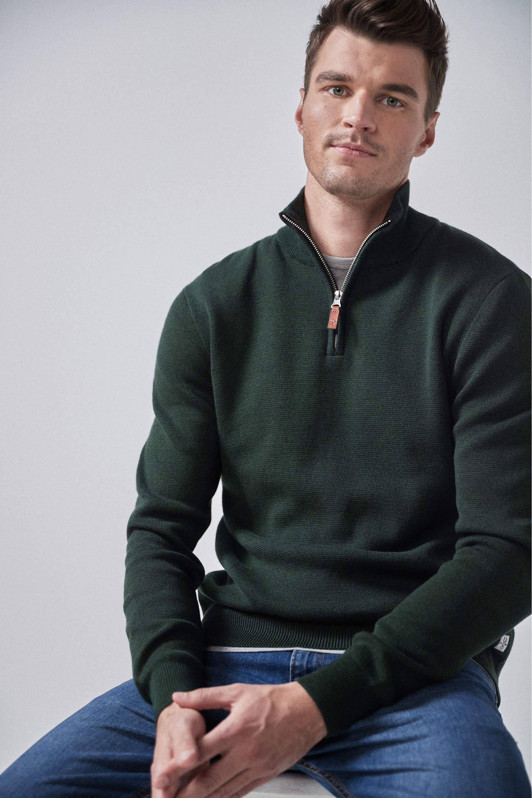 Buy Green Cotton Premium Zip Neck Jumper from Next Ireland