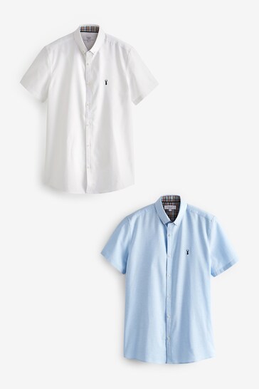 2 Pack White/Blue Slim Slim Fit Short Sleeve Stretch Oxford Multipack