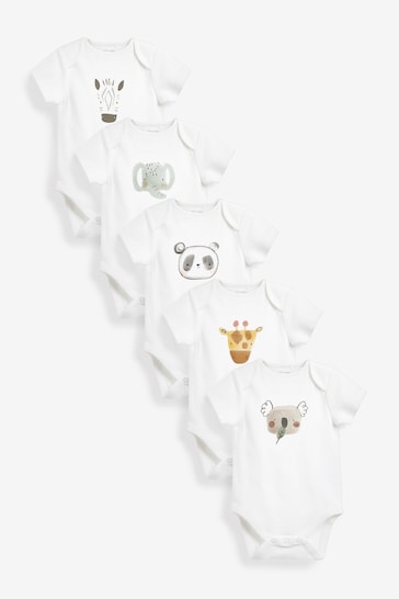 White Safari Character 5 Pack Short Sleeve Baby Bodysuits