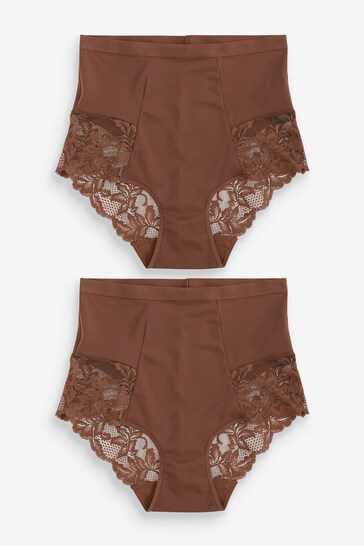 Chocolate Brown High Waist Brief Tummy Control Shaping Lace Back Brazilian Knickers 2 Pack