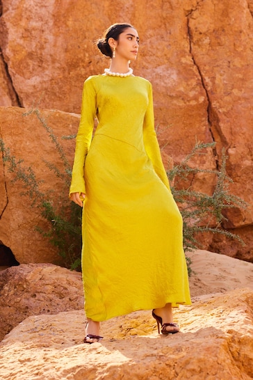 Ochre Yellow Maxi Long Sleeve Metallic Column Dress
