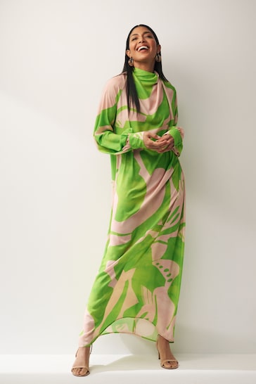 Green/Pink Swirl Print Long Sleeve Scarf Neck Midi Dress