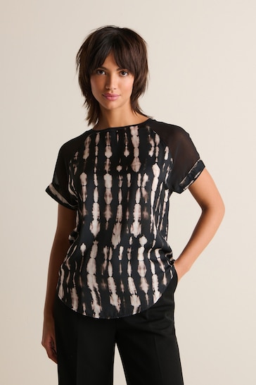 Black/White Tie Dye Print Woven Mix Short Sleeve Raglan T-Shirt