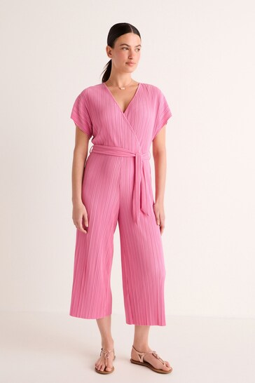 Pink Plisse Short Sleeve Culotte Jumpsuit