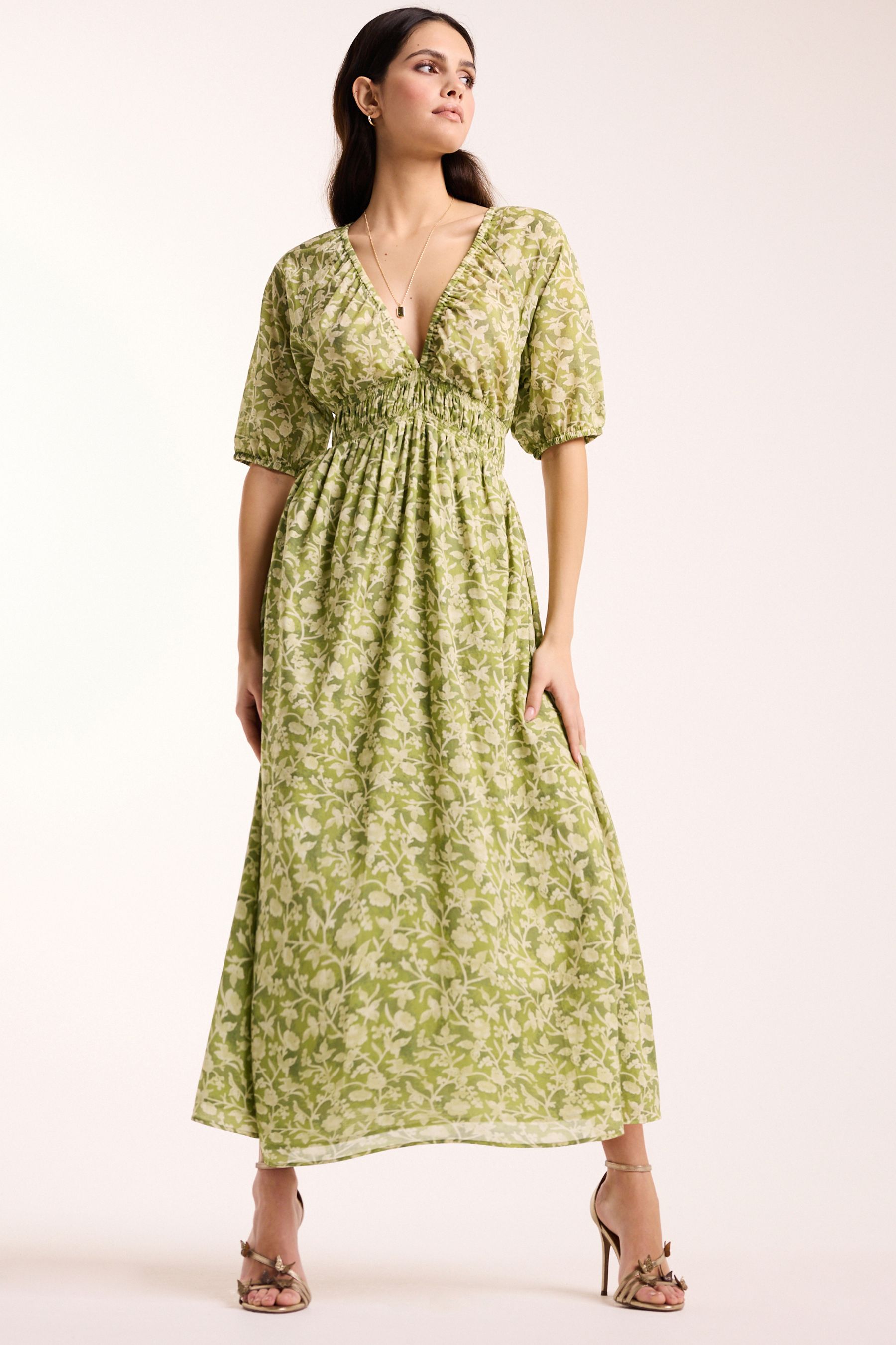Buy Green 100% Cotton Shirred Maxi Dress from Next Cyprus image.