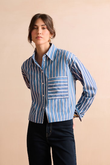 Blue/White Stripe Long Sleeve Cotton Cropped Shirt