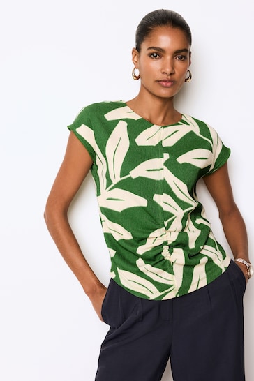 Green Print Short Sleeve Ruched Front Textured T-Shirt