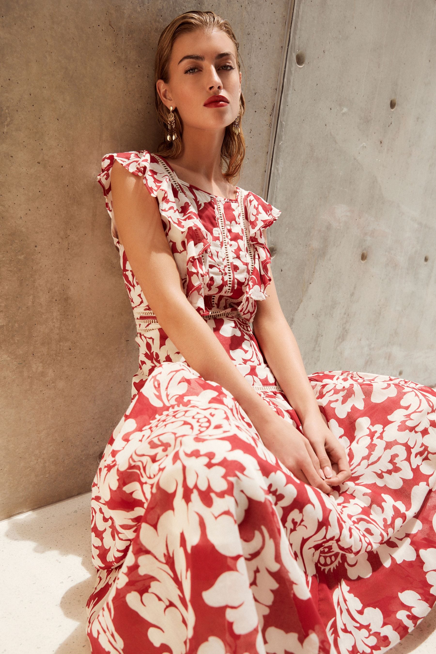 Buy Red White Sleeveless Ruffle Lace Insert Maxi Dress from the