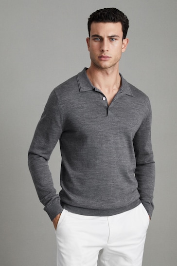 Reiss Mid Grey Melange Trafford Merino Wool Polo Shirt