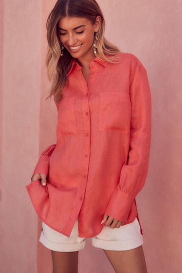 Coral Pink 100% Linen Long Sleeve Shirt