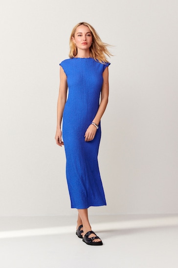 Cobalt Blue Short Sleeve Textured Column Jersey Dress