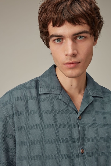 Blue Textured Short Sleeve Shirt with Cuban Collar