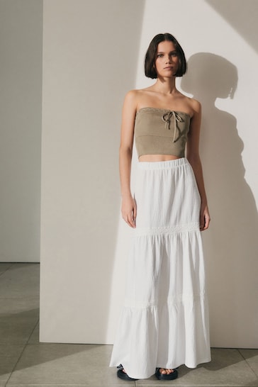 White Textured Maxi Skirt With Crochet Trim