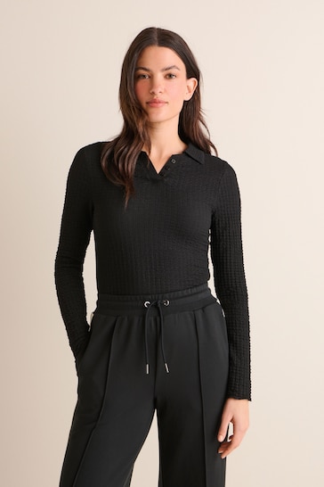 Black Long Sleeve Textured Collared Polo Shirt