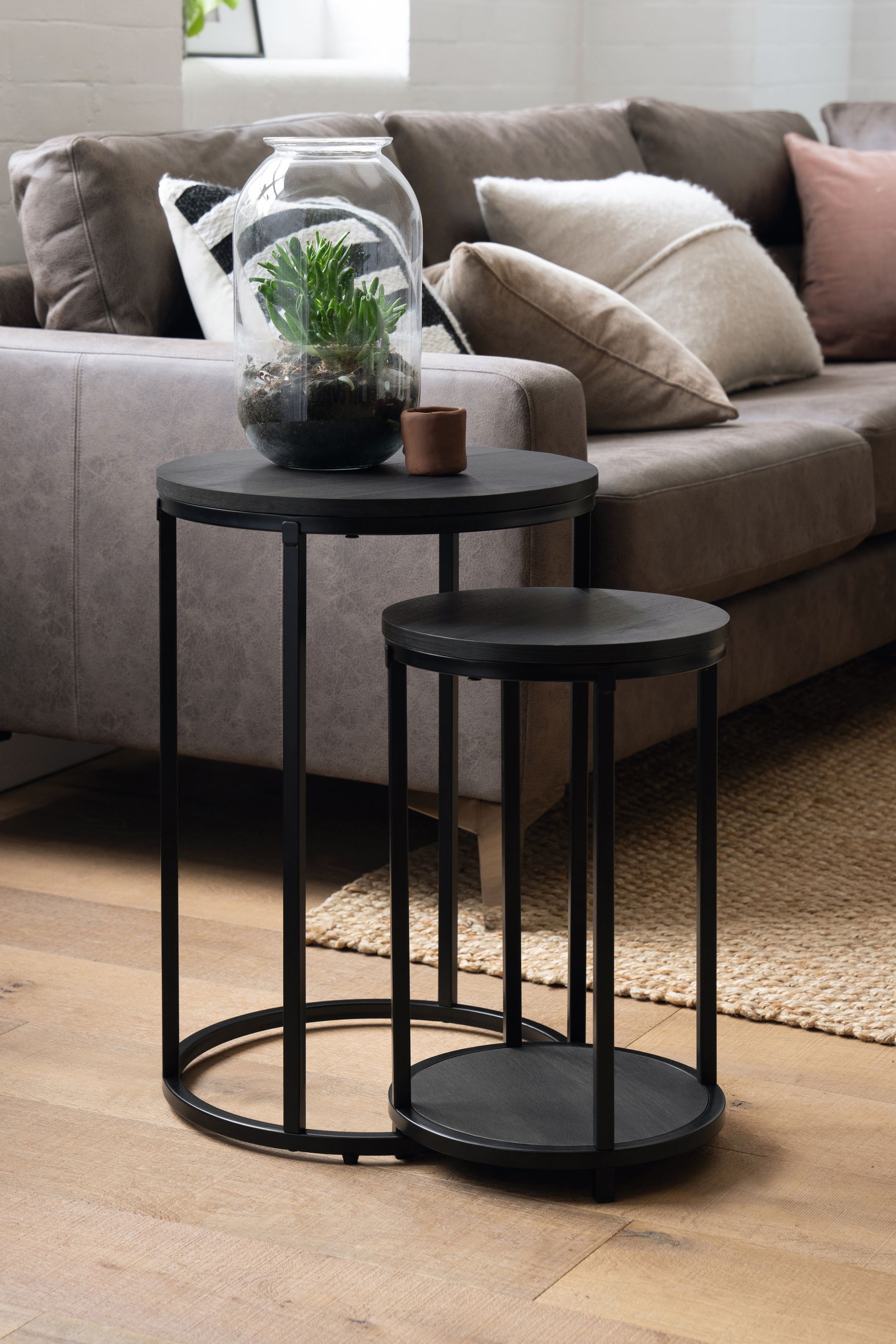 Black Bronx Oak Effect Round Set of 2 Nest of Tables