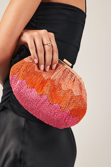 Pink Beaded Occasion Clutch Bag
