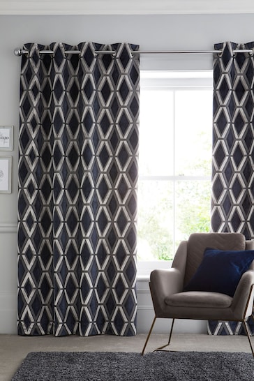 Navy Blue Collection Luxe Heavyweight Geometric Cut Velvet Made To Measure Curtains
