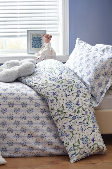 Blue Bluebell Floral 100% Cotton Printed Bedding Duvet Cover and Pillowcase Set