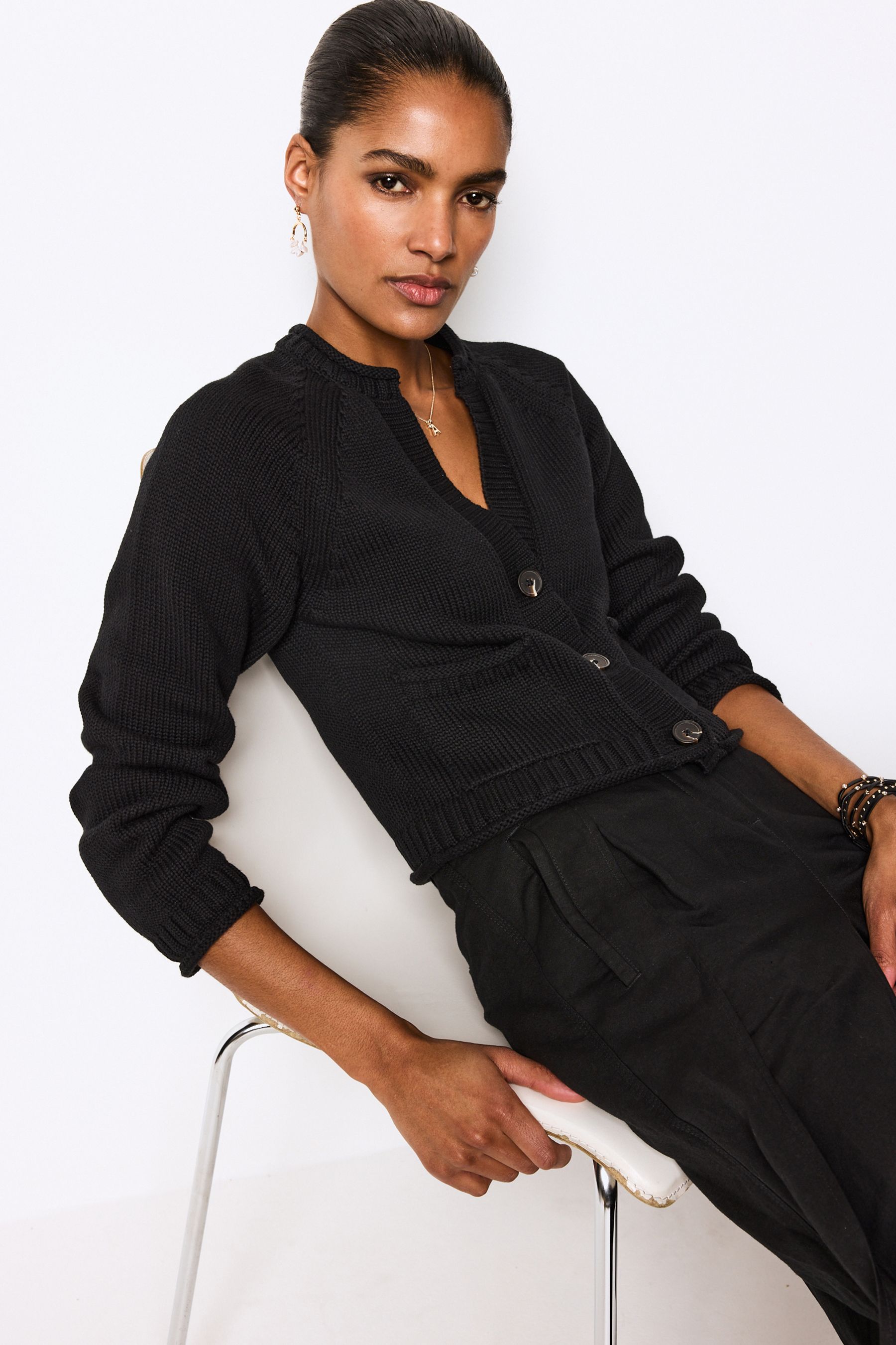 Buy Black 100% Cotton Roll Edge Pocket Detail Cardigan from the Next UK ...