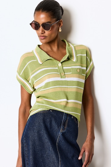 Green Stripe Linen Short Sleeve Polo Neck Top
