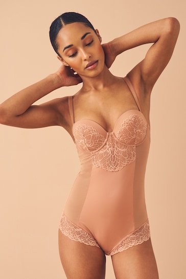 Tan Brown Firm Tummy Control Cupped Lace Body