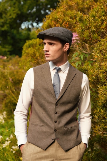 Taupe Brown Trimmed Check Suit Waistcoat