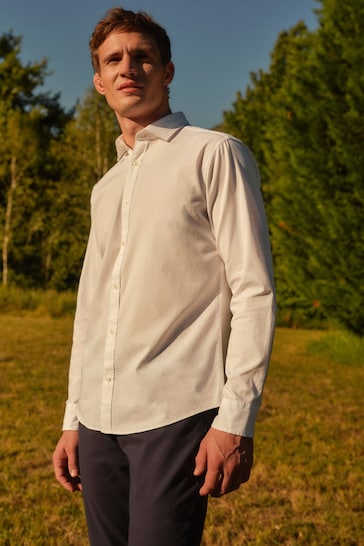 White Regular Fit Washed Textured Cotton Shirt