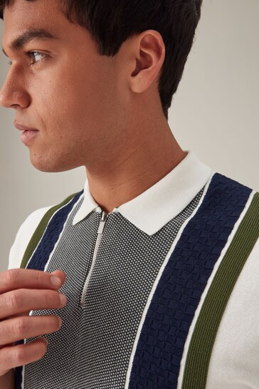 White Knitted Stripe Regular Fit Polo Shirt