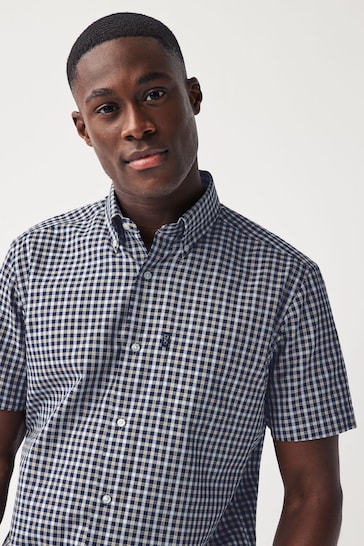Navy Blue Gingham Check Easy Iron Button Down Oxford Shirt
