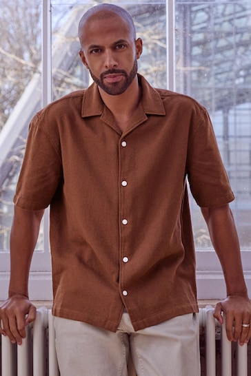 Brown Textured Short Sleeve Cuban Collar Shirt