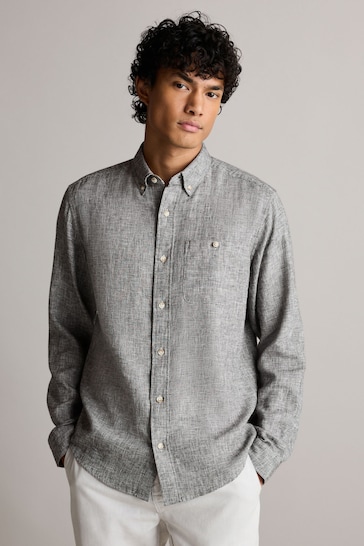 Grey Standard Collar Linen Blend Long Sleeve Shirt